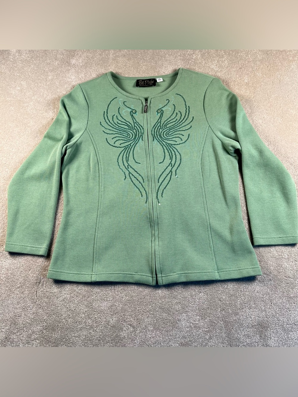 Bob Mackie Cardigan Sweater Zip Up Sequin Peacock Bird Green Women's Medium